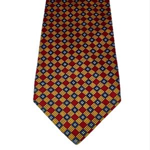 Dormeuil woven silk tie, hand made in Italy, foulard print, red, gold, blue